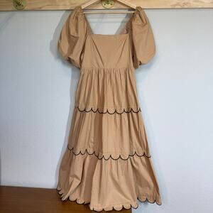 Women's English Factory Tan and Black Ruffle Tiered Smock Top Midi Dress Size S